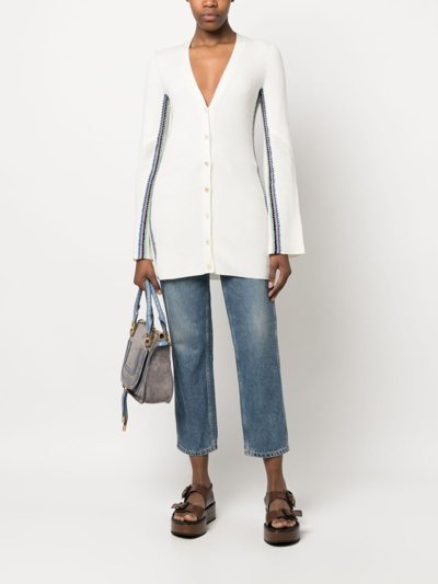 Shop Chloé Stripe-detail Long Wool Cardigan In White