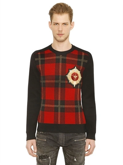 Balmain Badge Patch Plaid Wool Sweater, Black/red