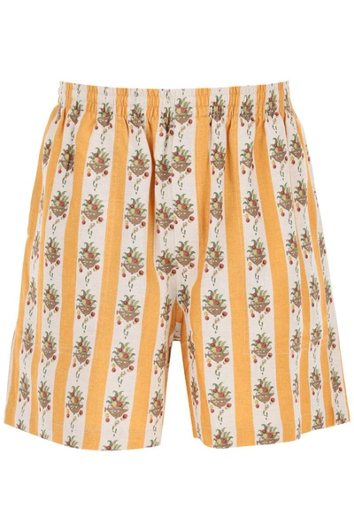 Shop Bode Striped Fruit Bowl Viscose Linen Shorts In Yellow