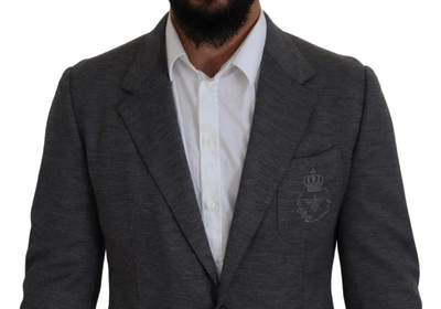 Shop Dolce & Gabbana Elegant Gray Wool Blazer With Bee Crown Men's Embroidery