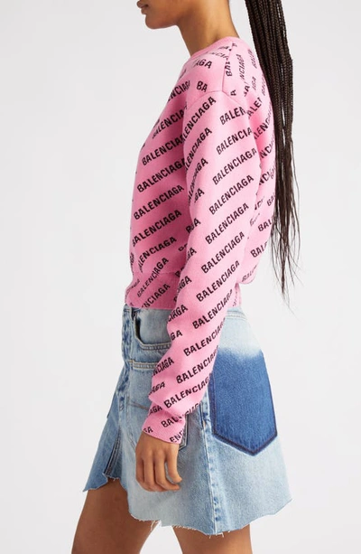 Shop Balenciaga Mini Logo Jacquard Crop Sweater In Pink/ Black