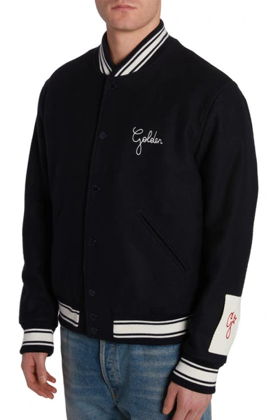 Shop Golden Goose Logo Emboidered Wool Varsity Jacket In Dark Blue