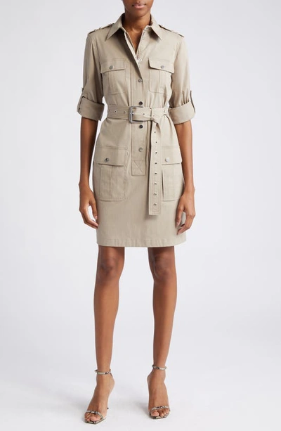 Shop Michael Kors Organic Cotton Stretch Poplin Belted Cargo Shirtdress In Taupe