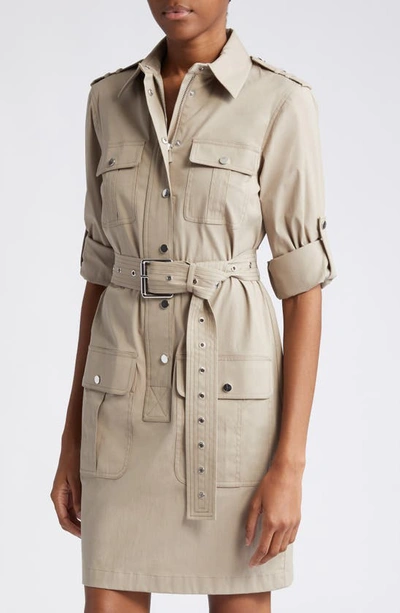 Shop Michael Kors Organic Cotton Stretch Poplin Belted Cargo Shirtdress In Taupe