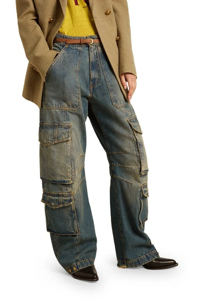 Shop Golden Goose Distressed Wide Leg Cargo Jeans In Blue