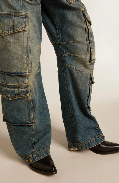 Shop Golden Goose Distressed Wide Leg Cargo Jeans In Blue
