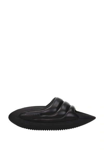 Shop Balmain Slippers And Clogs Leather Black Fluo Yellow