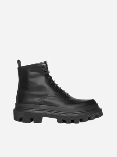 Shop Dolce & Gabbana Logo-plaque Leather Combat Boots In Black