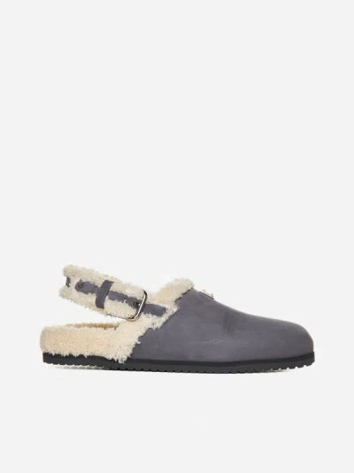 Shop Dolce & Gabbana Nubuck And Shearling Mules In Grey