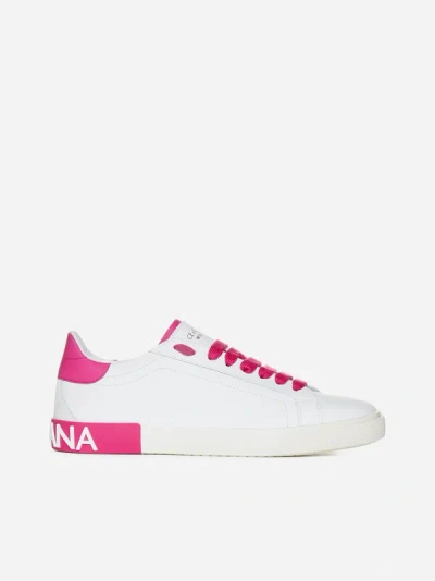 Shop Dolce & Gabbana Portofino Leather Sneakers In White,pink