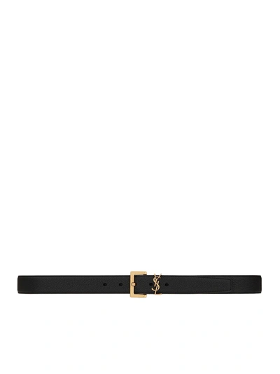 Saint Laurent Cassandre Belt In Hammered Leather With Square Buckle In Black