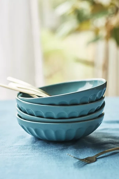 Shop Anthropologie Amelie Latte Pasta Bowls, Set Of 4 By  In Blue Size S/4 Bowl