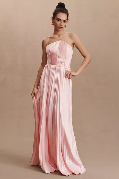 Shop Amur Kamari Halter Open-back Pleated A-line Charmeuse Gown In Pink