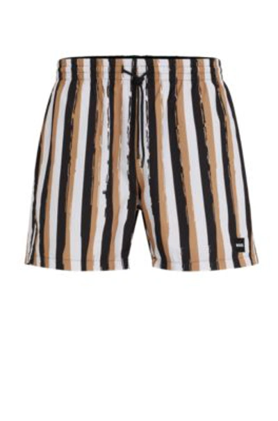Shop Hugo Boss Striped Swim Shorts In Quick-drying Fabric In Beige