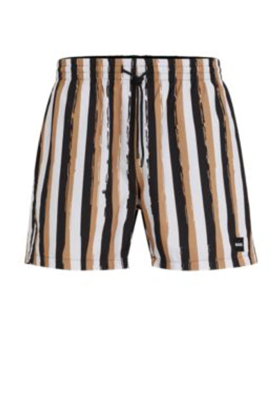 Hugo Boss Striped Swim Shorts In Quick-drying Fabric In Beige