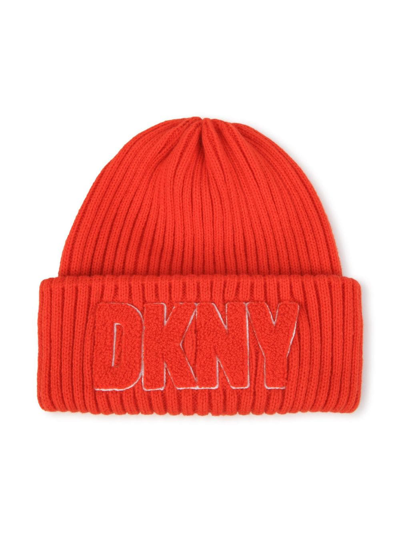 Shop Dkny Logo-motif Ribbed Beanie In Orange