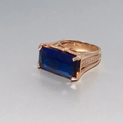 Pre-owned Savvy Cie 18k Rose Gold Vermeil Baguette Cut Lab Created Sapphire Ring 7