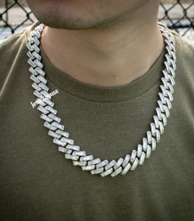 Pre-owned Nsg 14 Mm X 20" Baguette Genuine Moissanite Men's Cuban Link Chain Silver In White
