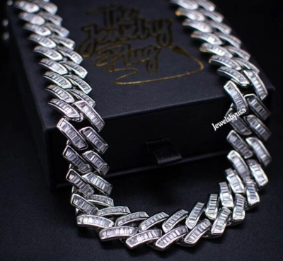 Pre-owned Nsg 14 Mm X 20" Baguette Genuine Moissanite Men's Cuban Link Chain Silver In White