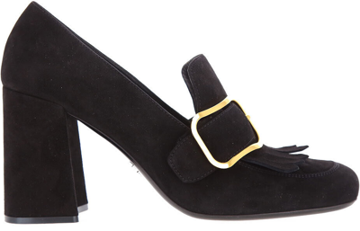 Pre-owned Prada Women's Suede Shoe. Leather Upper/insole/sole. Buckle. Frindges. 3.6" Heel In Black