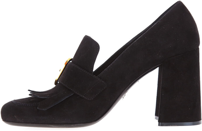 Pre-owned Prada Women's Suede Shoe. Leather Upper/insole/sole. Buckle. Frindges. 3.6" Heel In Black