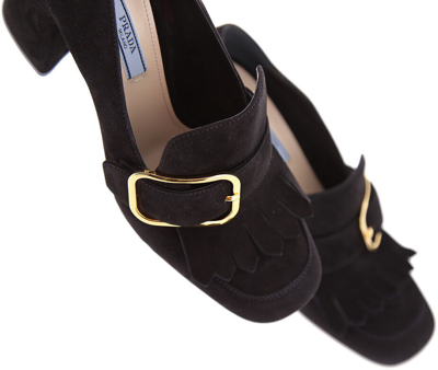 Pre-owned Prada Women's Suede Shoe. Leather Upper/insole/sole. Buckle. Frindges. 3.6" Heel In Black