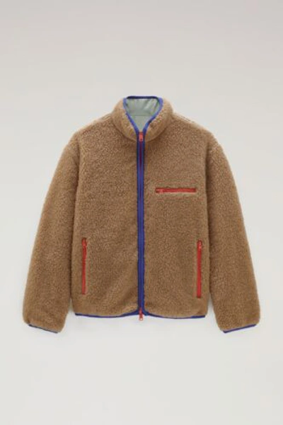 Pre-owned Woolrich Reversible Curly Fleece In Sherpa And Taslan Nylon Jacket Medium In Gold