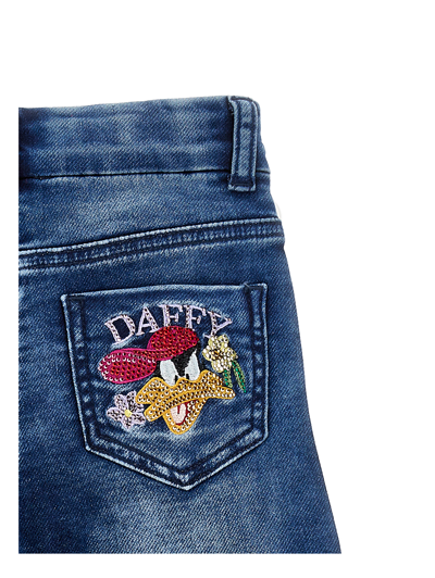 Shop Monnalisa Daffy Duck Fleece Trousers In Blu Stone Denim