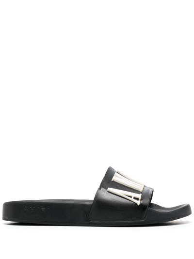 Shop Amiri Logo-embossed Faux-leather Slides In Black