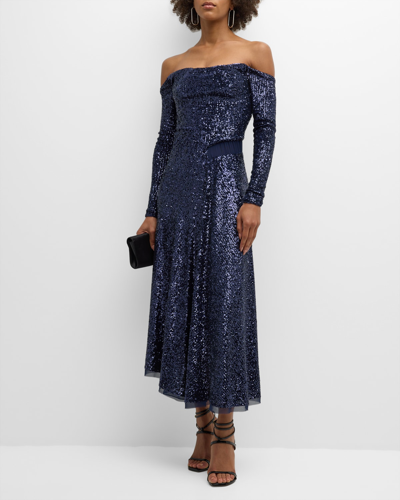 Shop Jason Wu Collection Sequin Off-shoulder Cocktail Dress In Bright Navy