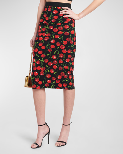 Shop Dolce & Gabbana Cherry-print Ruched Lycra Midi Skirt In Black Prt