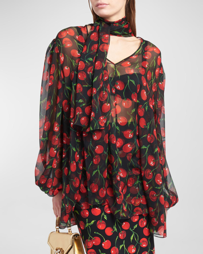 Shop Dolce & Gabbana Cherry Chiffon Blouse With With Tie Neck In Black Prt