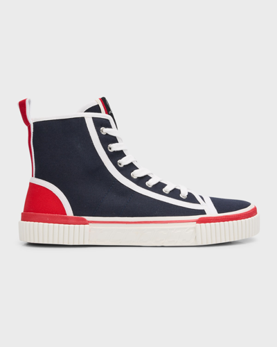 Shop Christian Louboutin Men's Pedro Red Sole Canvas High-top Sneakers In Marine/loubi