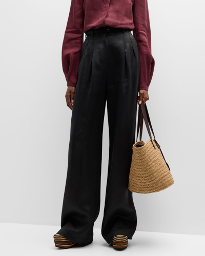 Shop Gabriela Hearst Vargas Belted Linen Wide-leg Trousers In Black