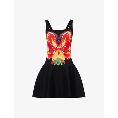 Shop Alexander Mcqueen Womens Black Red Yellow Solarised Orchid Graphic-print Knitted Mini Dress