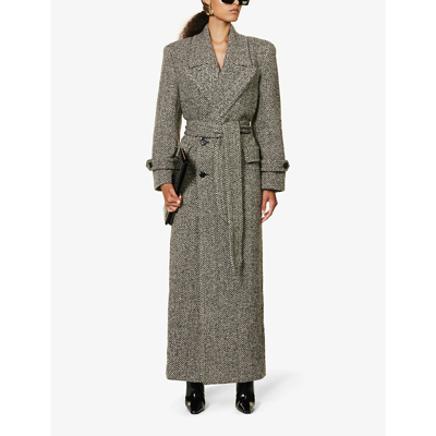 Shop Saint Laurent Oversized Double-breasted Virgin-wool Blend Belted Coat In Noir Craie