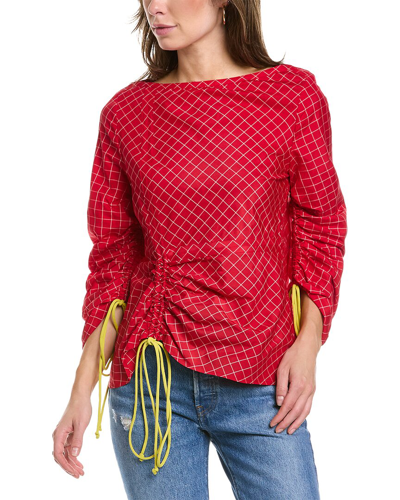 Tory Burch Gathered Checked Silk Top In Red