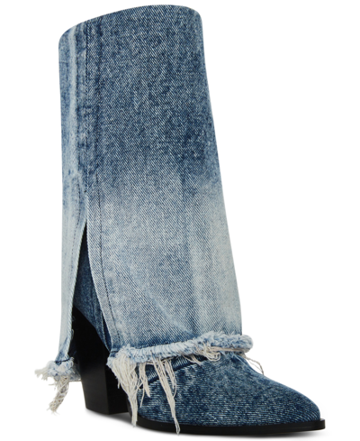 Shop Steve Madden Women's Livvy Distressed Denim Fold-over Cuffed Cowboy Boots In Denim Multi