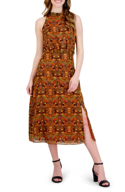 Shop Julia Jordan Mock Neck Sleeveless Midi Dress In Mustard Multi