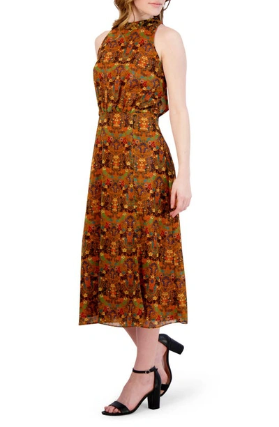 Julia Jordan Mock Neck Sleeveless Midi Dress In Mustard Multi