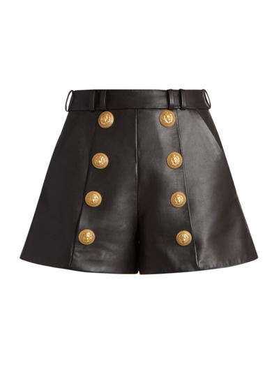 Shop Balmain Women's Leather Buttoned Shorts In Black