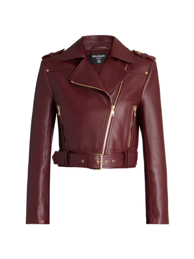 Shop Balmain Women's Leather Cropped Biker Jacket In Maroon