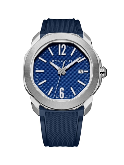 Shop Bvlgari Octo Roma Stainless Steel Automatic Bracelet Watch In Blue