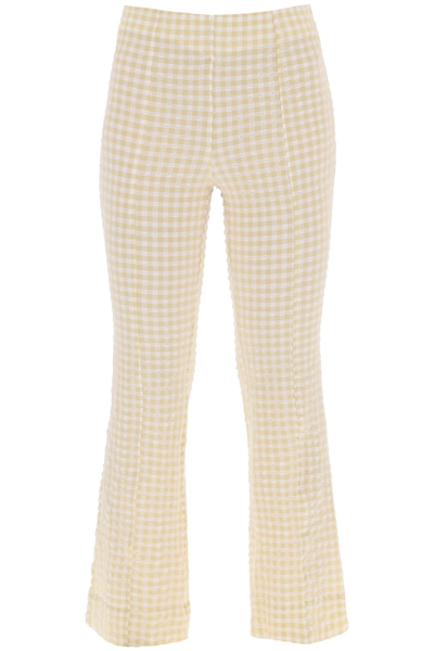 Shop Ganni Flared Pants With Gingham Motif In Beige,white