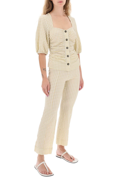 Shop Ganni Flared Pants With Gingham Motif In Beige,white