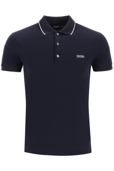 Shop Zegna Logoed Cotton Polo Shirt In Blue