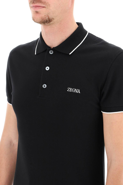 Shop Zegna Logoed Cotton Polo Shirt In Black