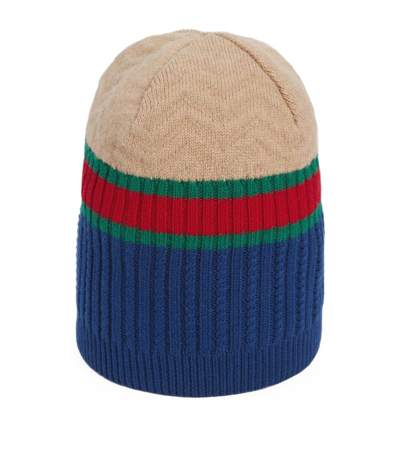 Shop Gucci Kids Wool Web Stripe Beanie Hat In Blue