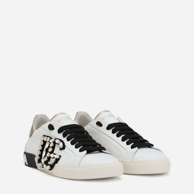 Dolce & Gabbana Portofino Vintage Leather Sneakers With Rhinestone Dg In White