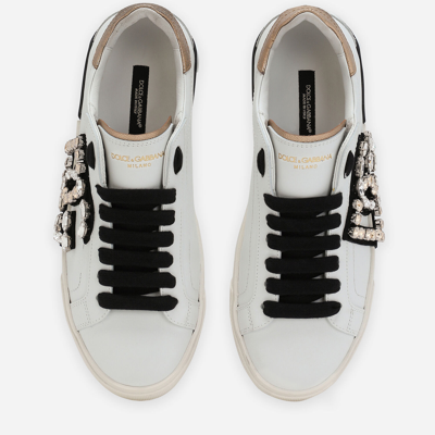 Dolce & Gabbana Portofino Vintage Leather Sneakers With Rhinestone Dg In White